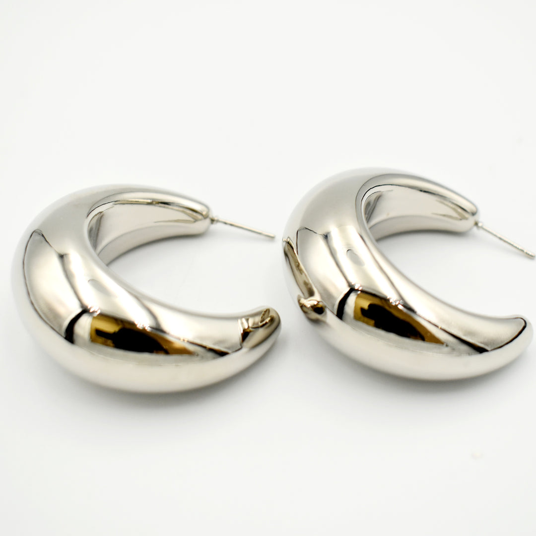 Rhodium Plated Crescent Moon Hollow Earrings