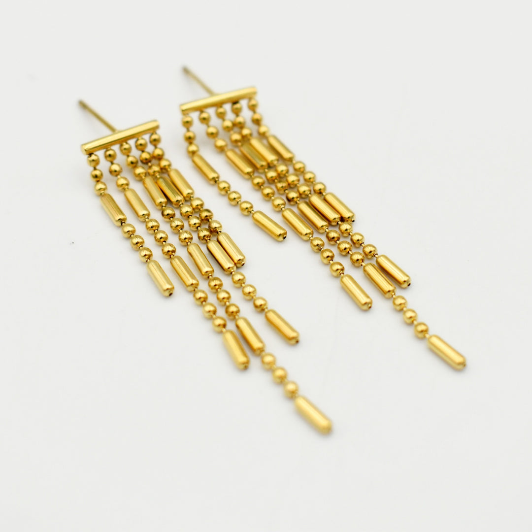 Gold Toned Bead Tassel Geometric Earrings