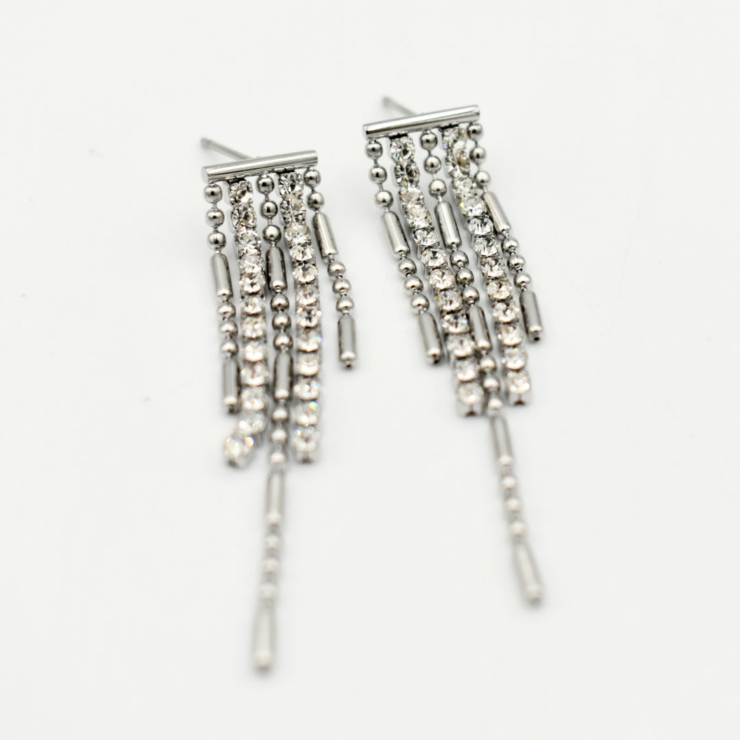 Rhodium Plated Bead Tassel Geometric Earrings