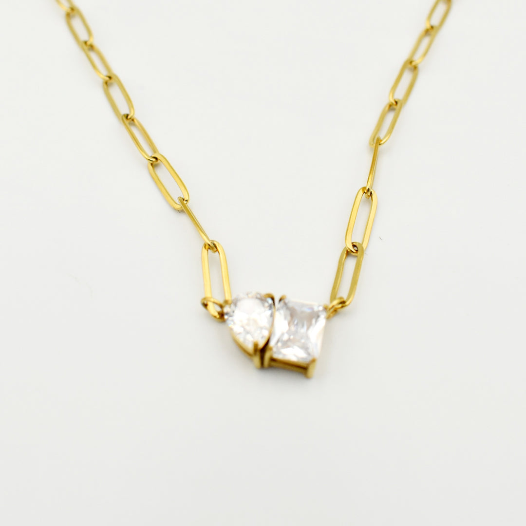 Gold Toned Paper Pin Rectangle Zirconia Pendant Necklace