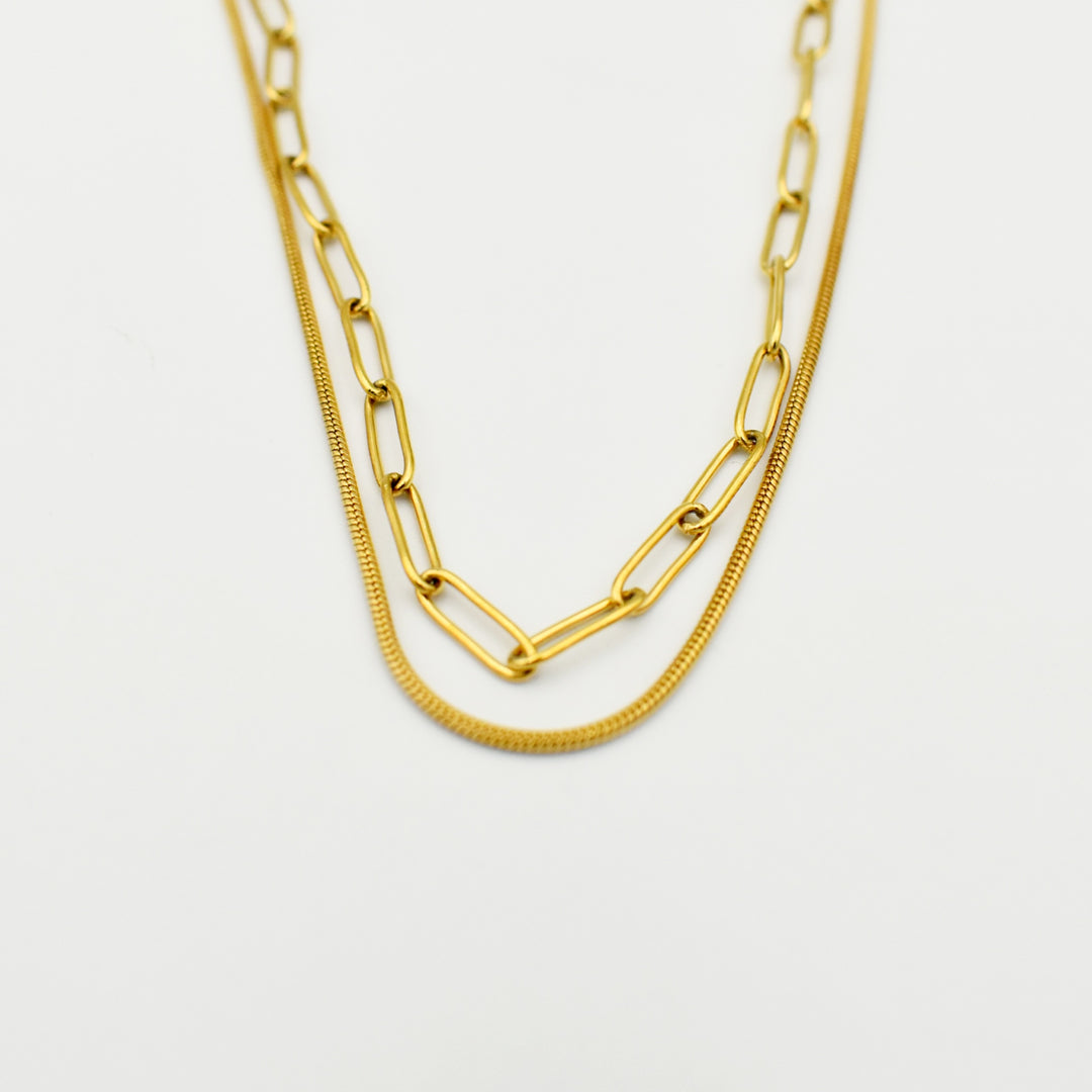 Gold Toned Double Layer Paper Pin Snake Chain Necklace