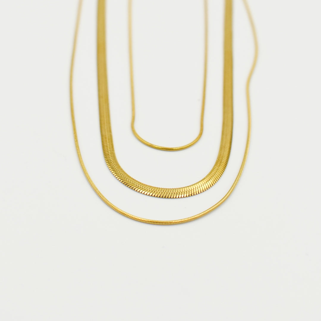 Gold Toned Three Layered Herrinbone Chain Necklace