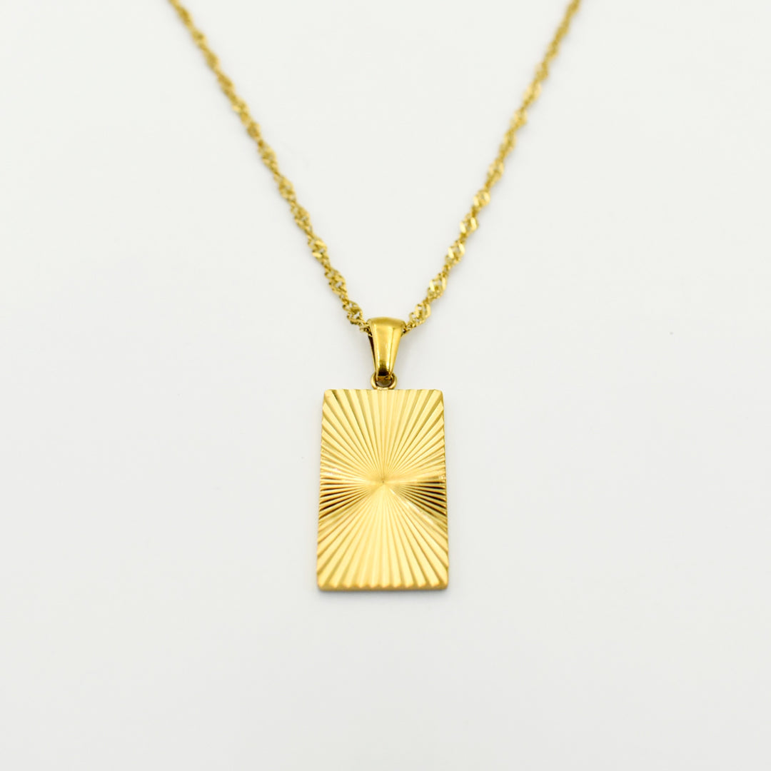 Gold Toned Sunburst Rectangle Pendant Necklace