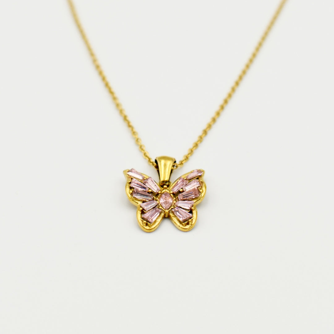 Gold Toned Pink CZ Butterfly Necklace