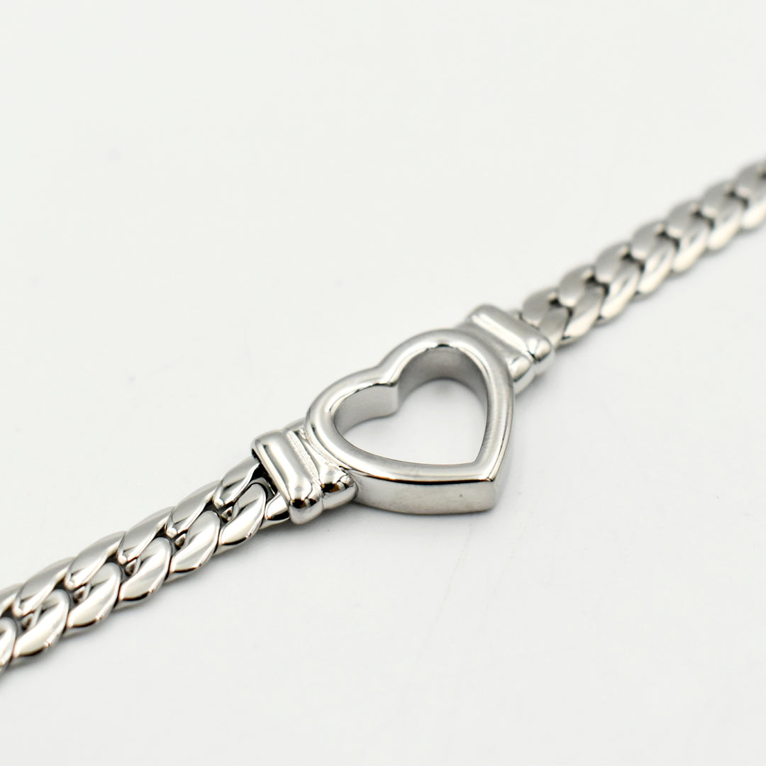 Rhodium Plated Heart Cuban Chain Bracelet