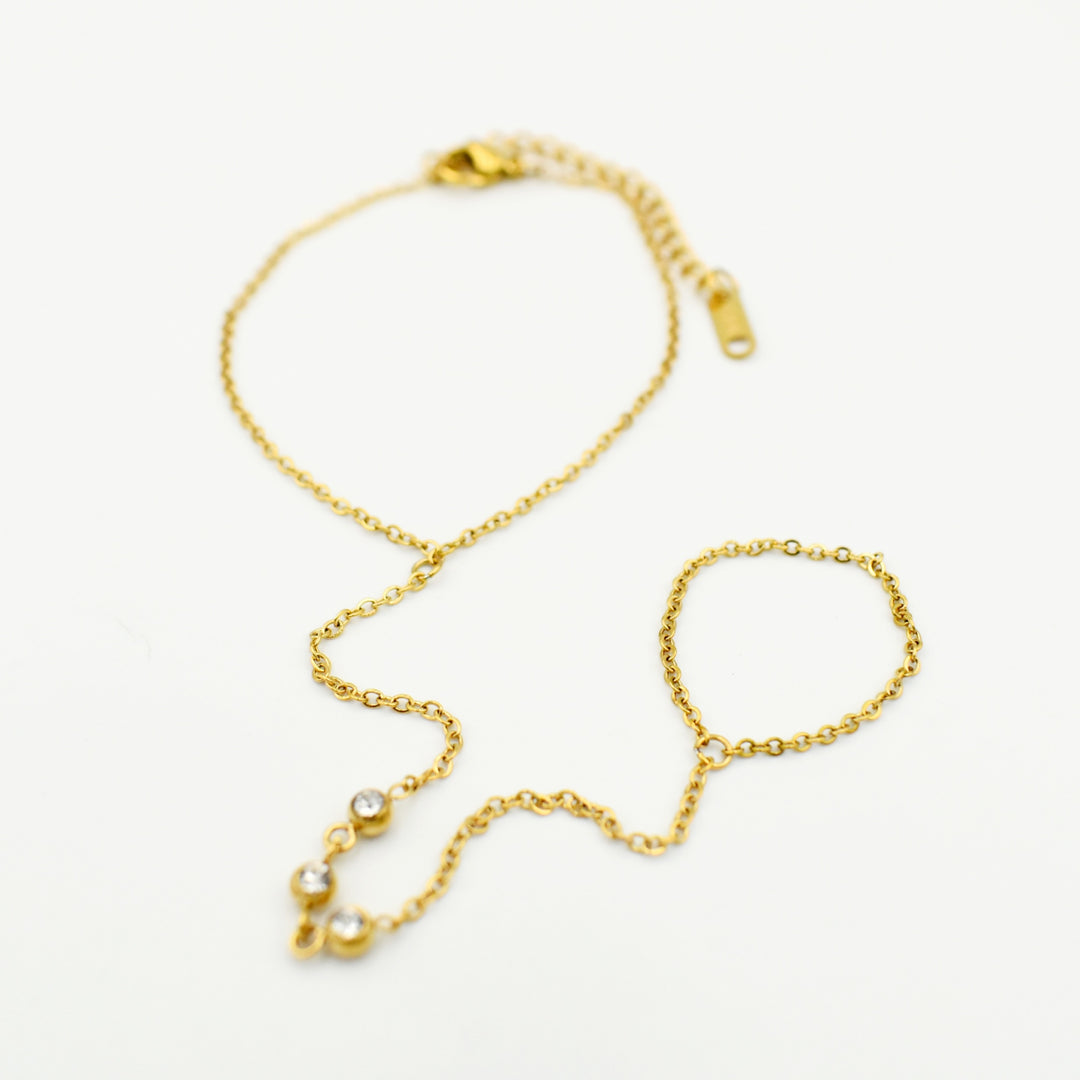 Gold Toned Hand Chain Tassel Ring Bracelet