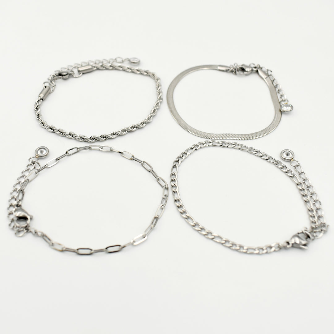 Rhodium Plated Rope, Paper Clip, Figaro Bead Bracelet