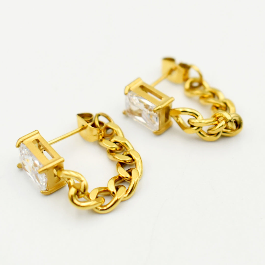 Gold Toned Rectangle Zirconia Link Chain Earrings