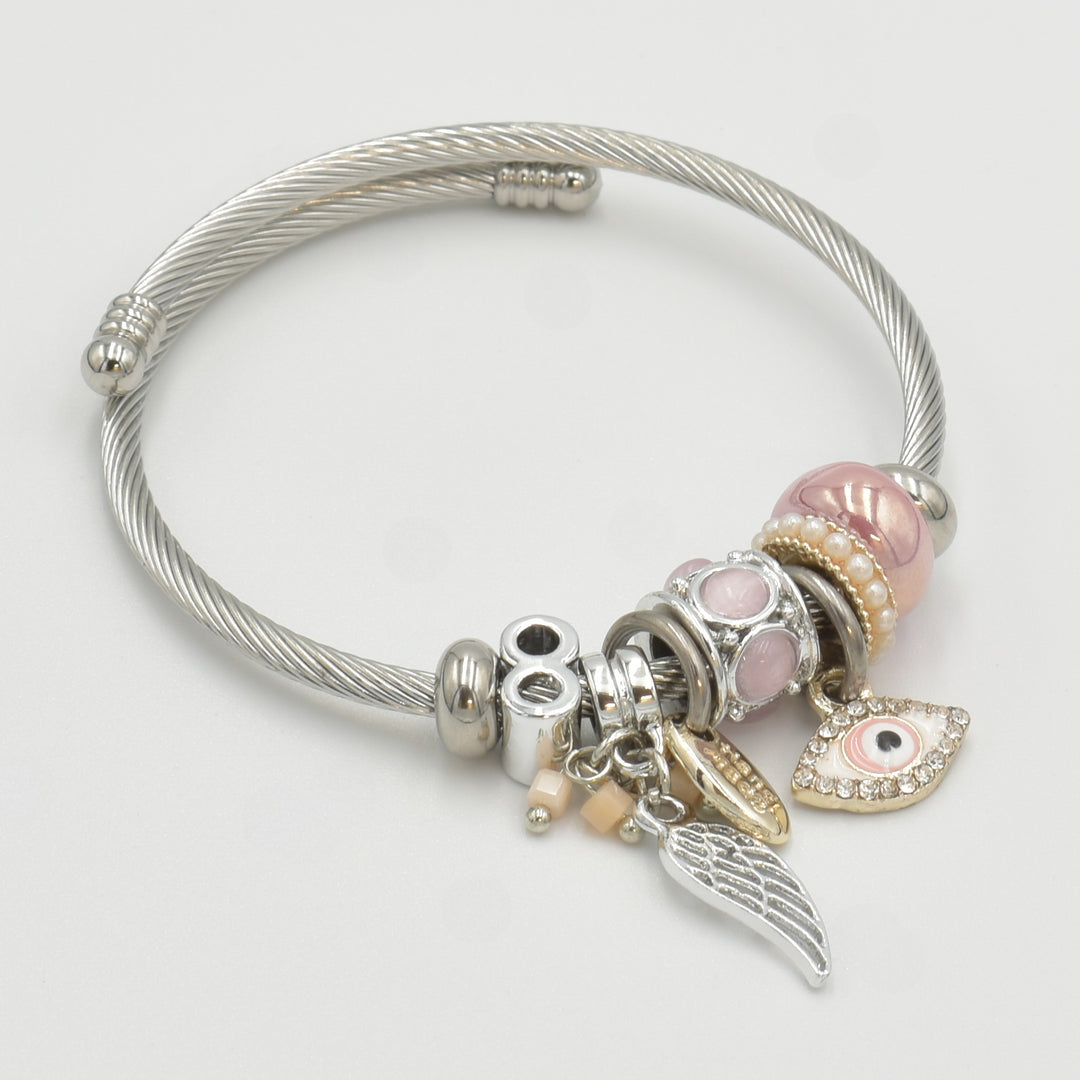 Silver Pink Evil Eye Charm Bracelet