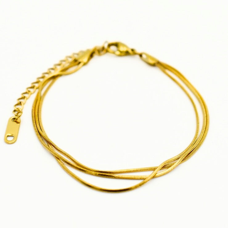 Gold Toned 3 Snake Chains Layered Bracelet