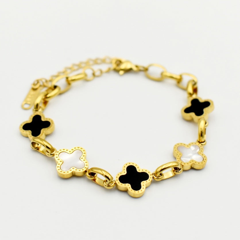 Gold Link Black & White Clover Bracelet