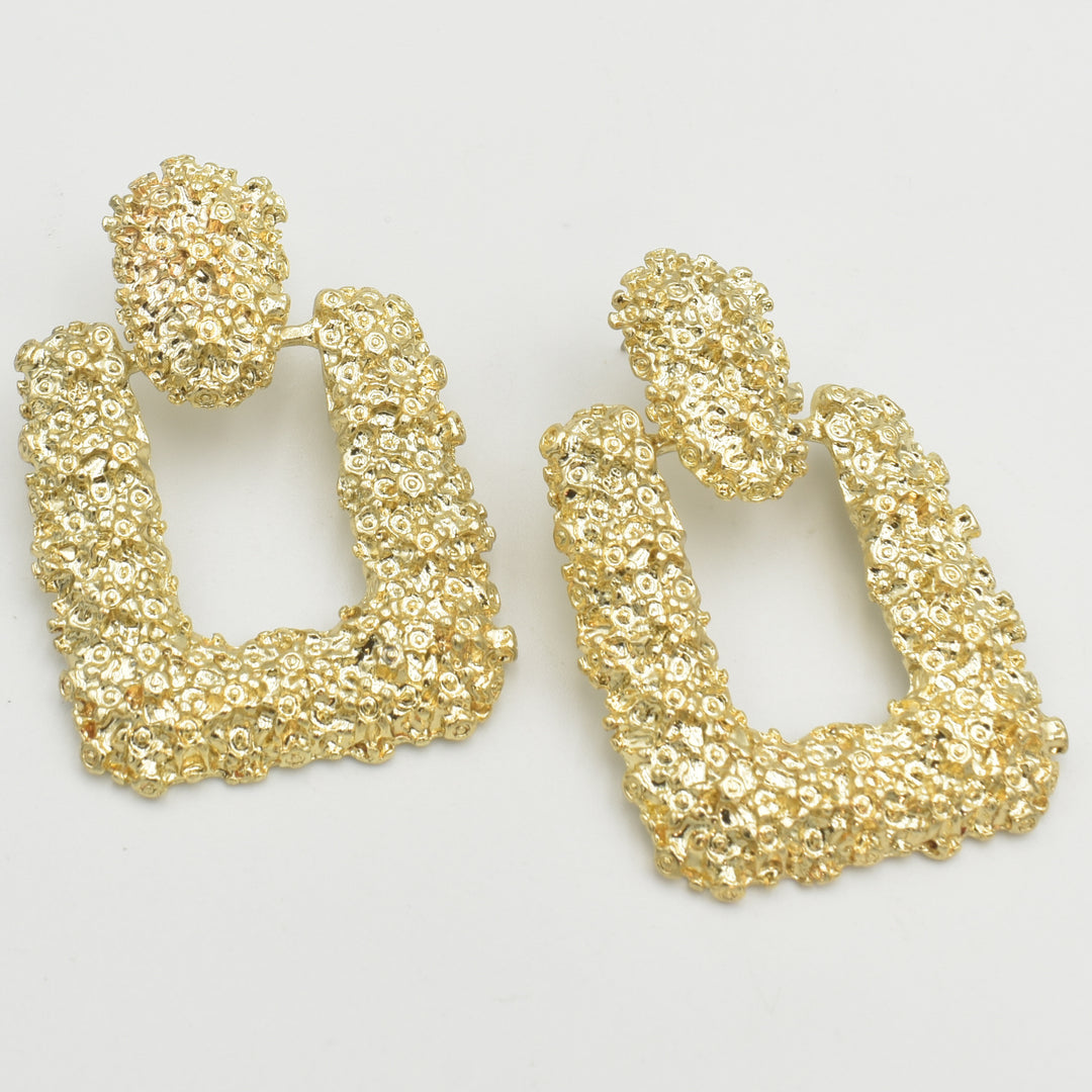 Gold Open Square Textured Drop Earrings