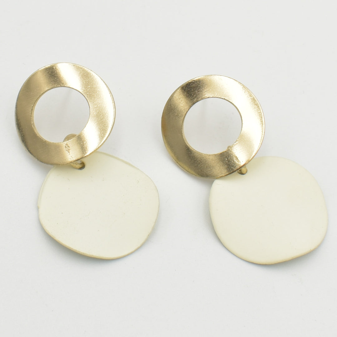 Gold White Coated Disc Drop Earrings