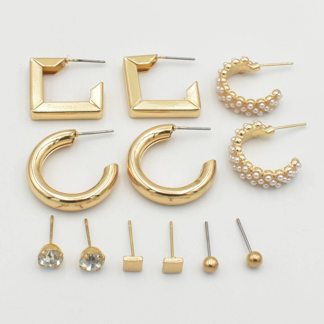 Gold Cubic Stud Plain Hoops Earrings