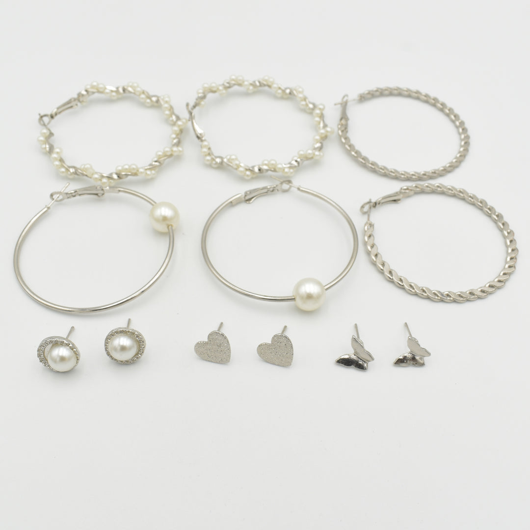 Silver Twisted Pearl Hoop 6-Pack Earrings