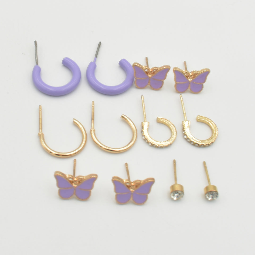 Gold Purple Butterfly Stud 6-Pack Earrings