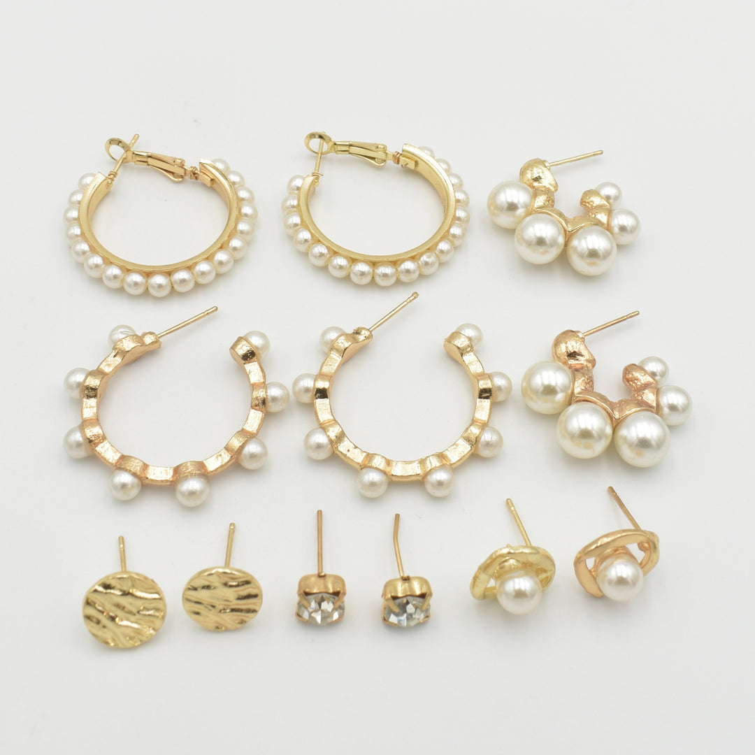 Gold Round Disc Diamante 6-Pack Earrings