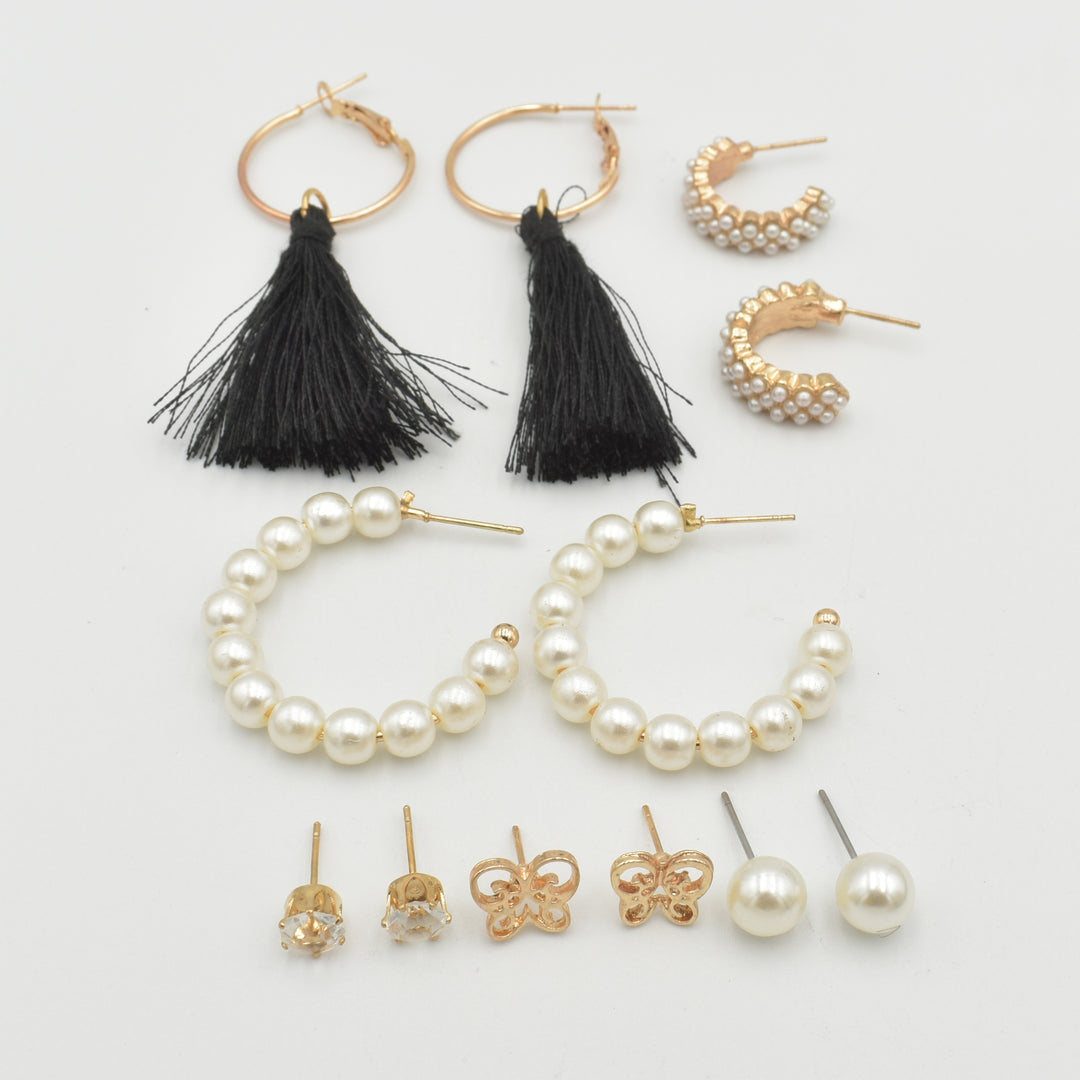 Gold Black Fluffy Hoop 6-Pack Earrings