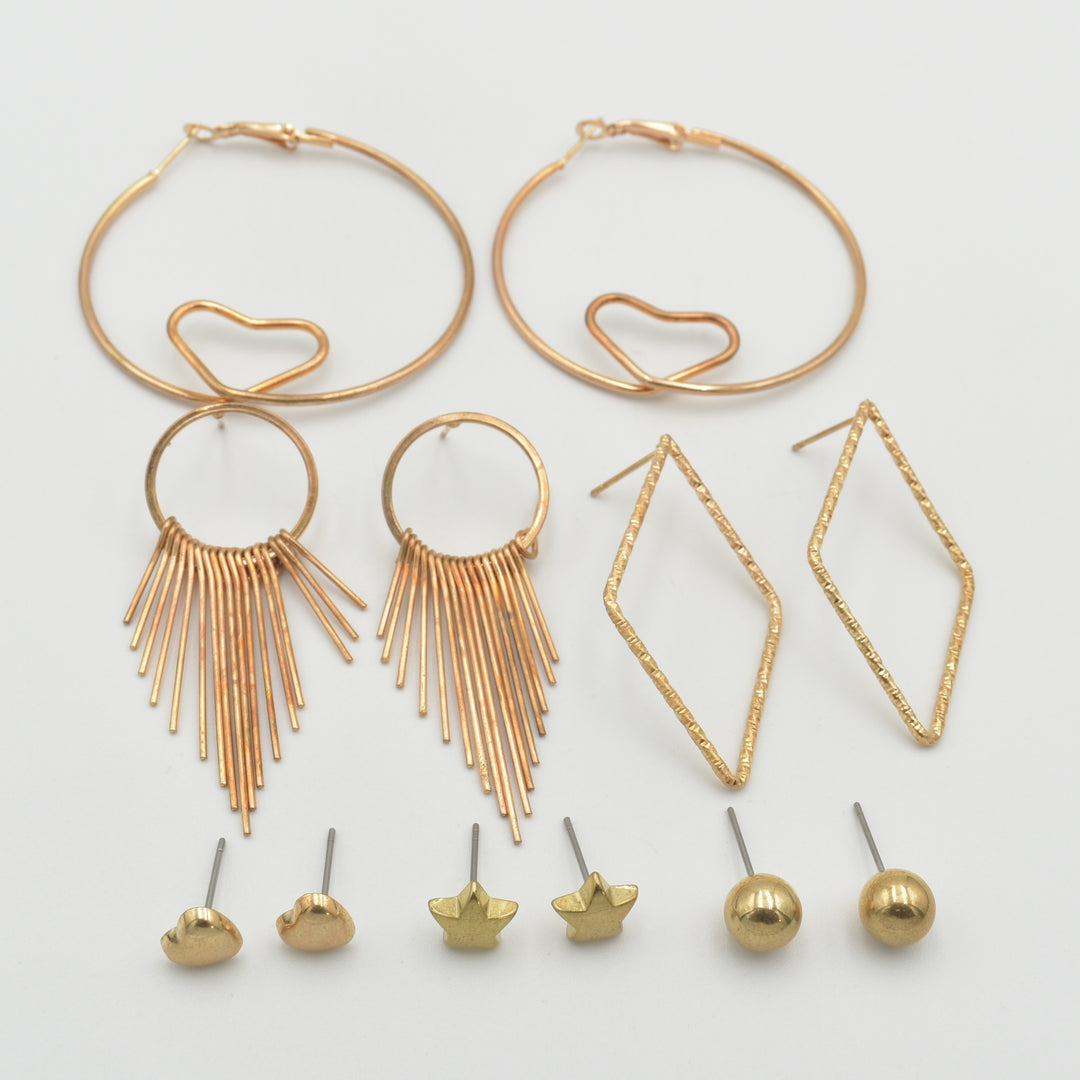 Gold Heart Diamond Drop 6-Pack Earrings