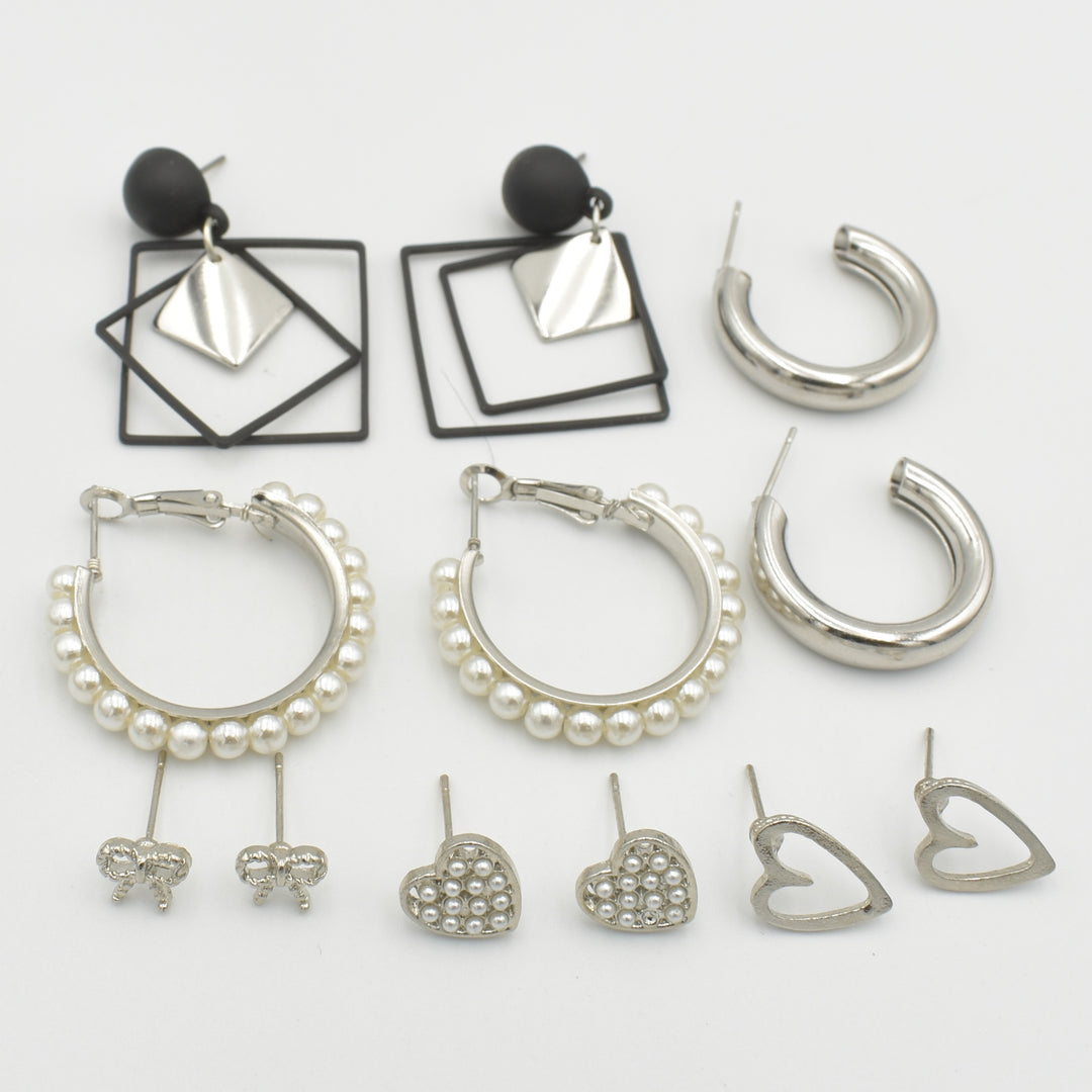 Black Square Drop Silver Studs 6-Pack Earrings