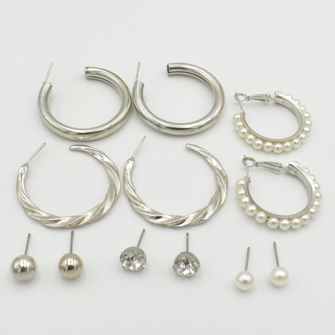 Silver Pearl Rounded Hoop 6-Pack Earrings