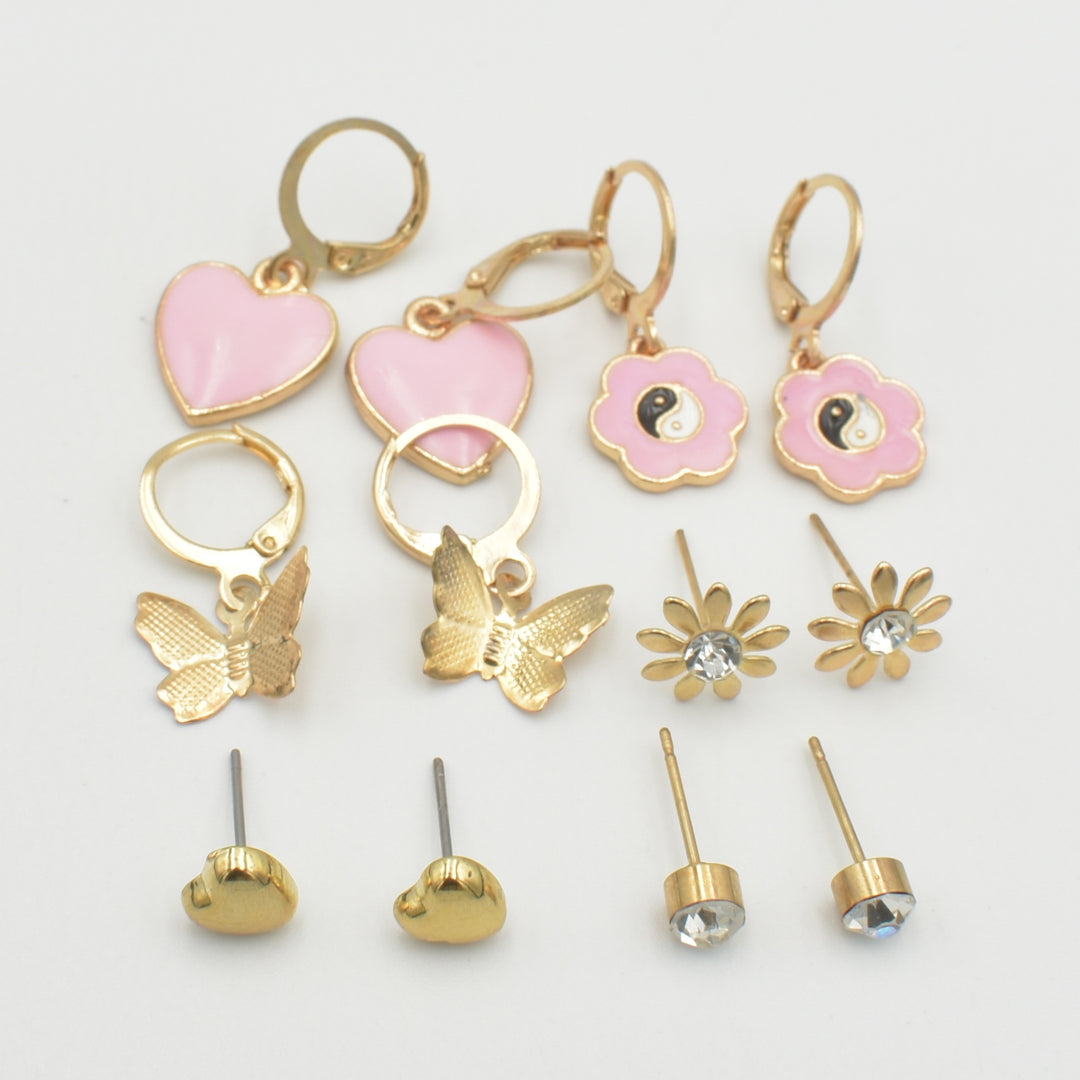 Gold Pink Heart Huggies 6-Pack Earrings