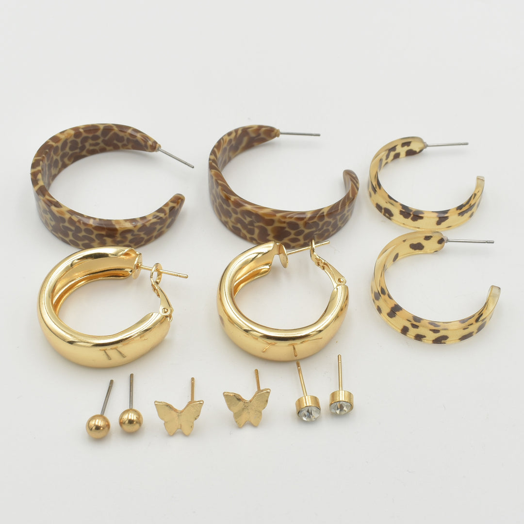 Gold Leopard Print Hoops 6-Pack Earrings
