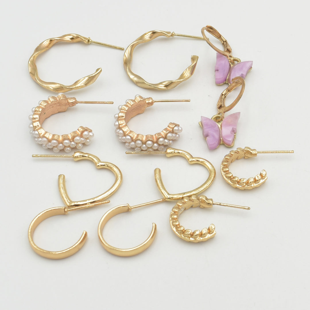 Gold Purple Butterfly 6-Pack Earrings