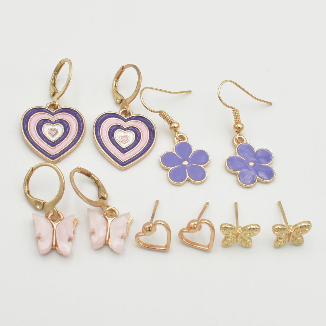 Gold Purple Flower 5-Pack Earrings
