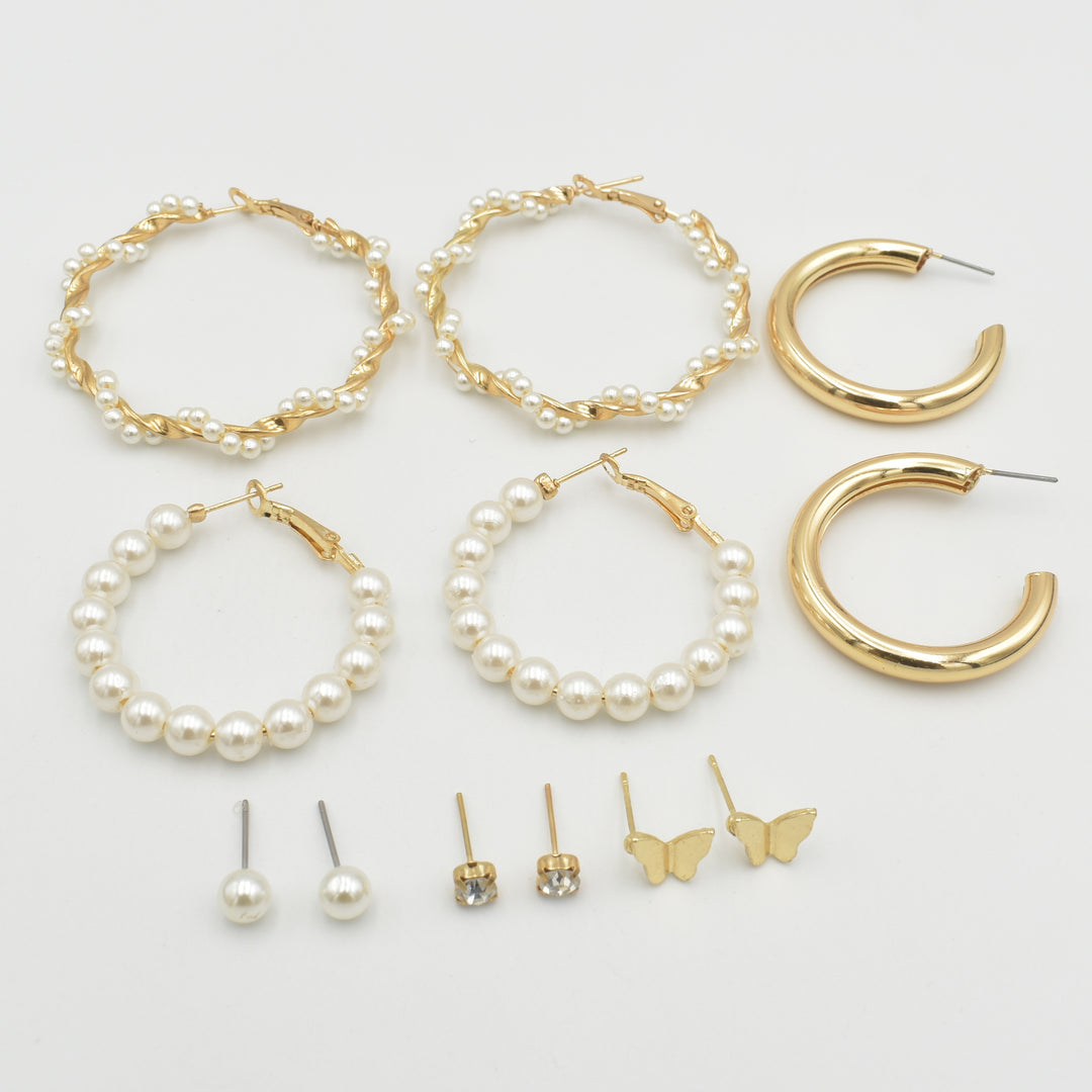 Gold Pearl Twisted Hoop 6-Pack Earrings