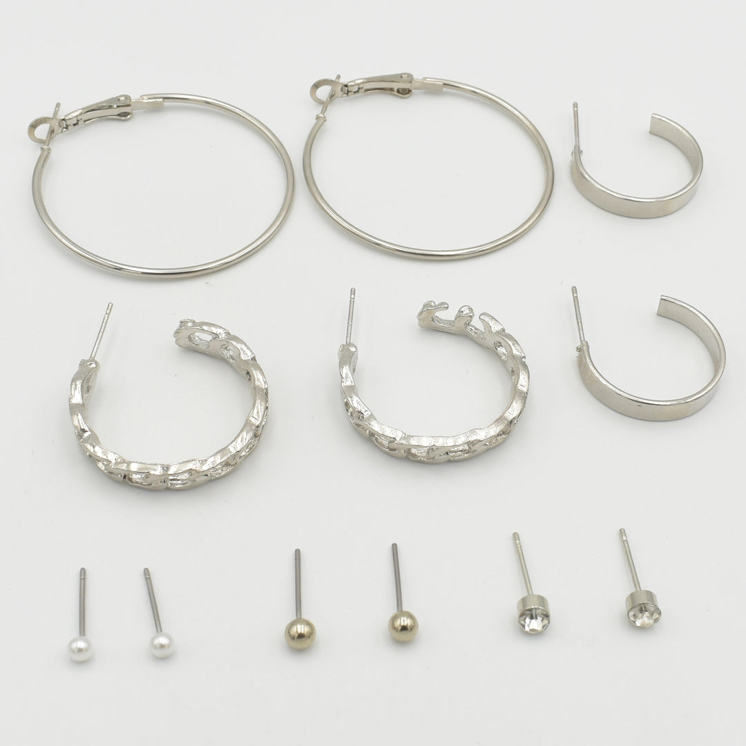 Silver Hoop Diamante Stud 6-Pack Earrings