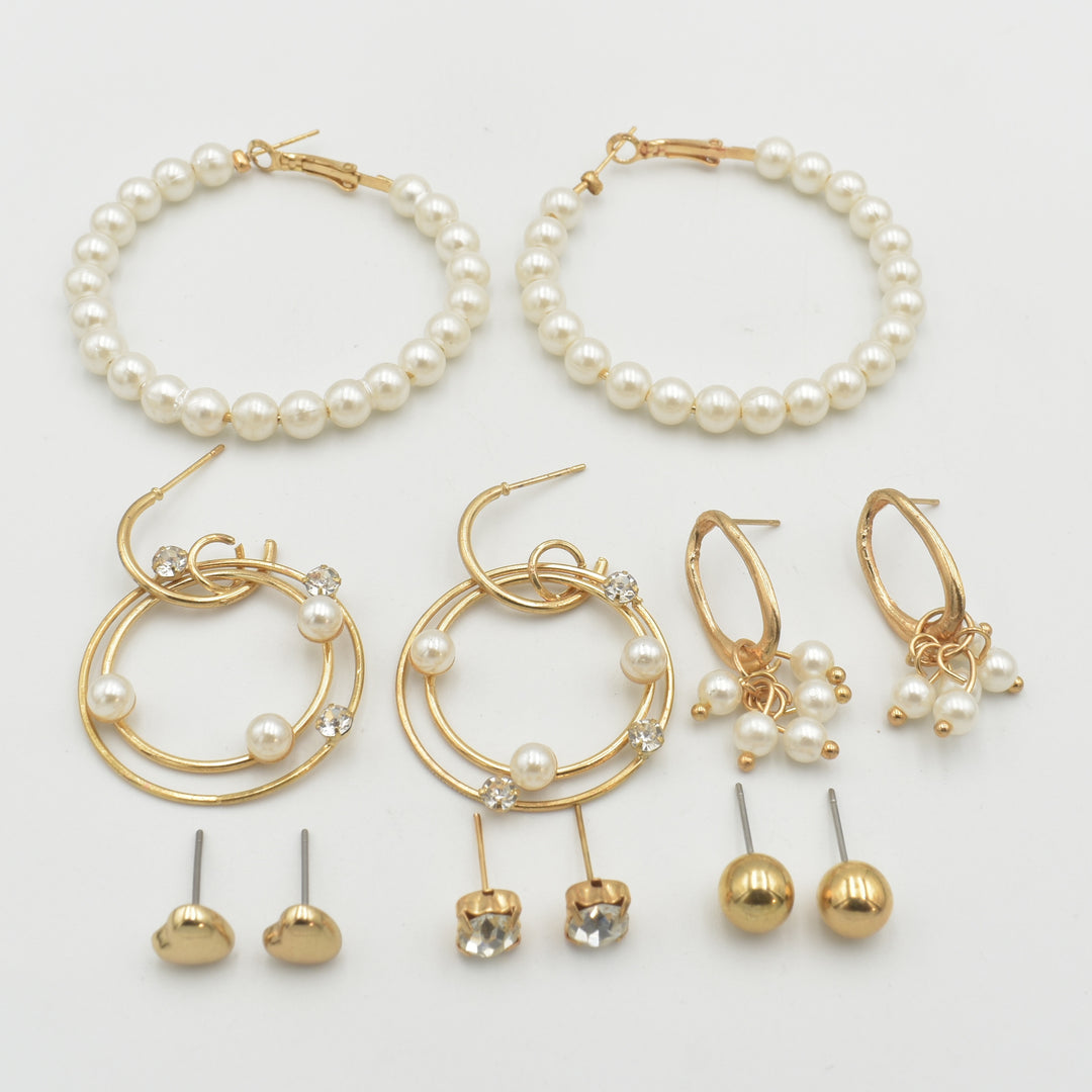 Gold Pearl Drop Diamante 6-Pack Earrings
