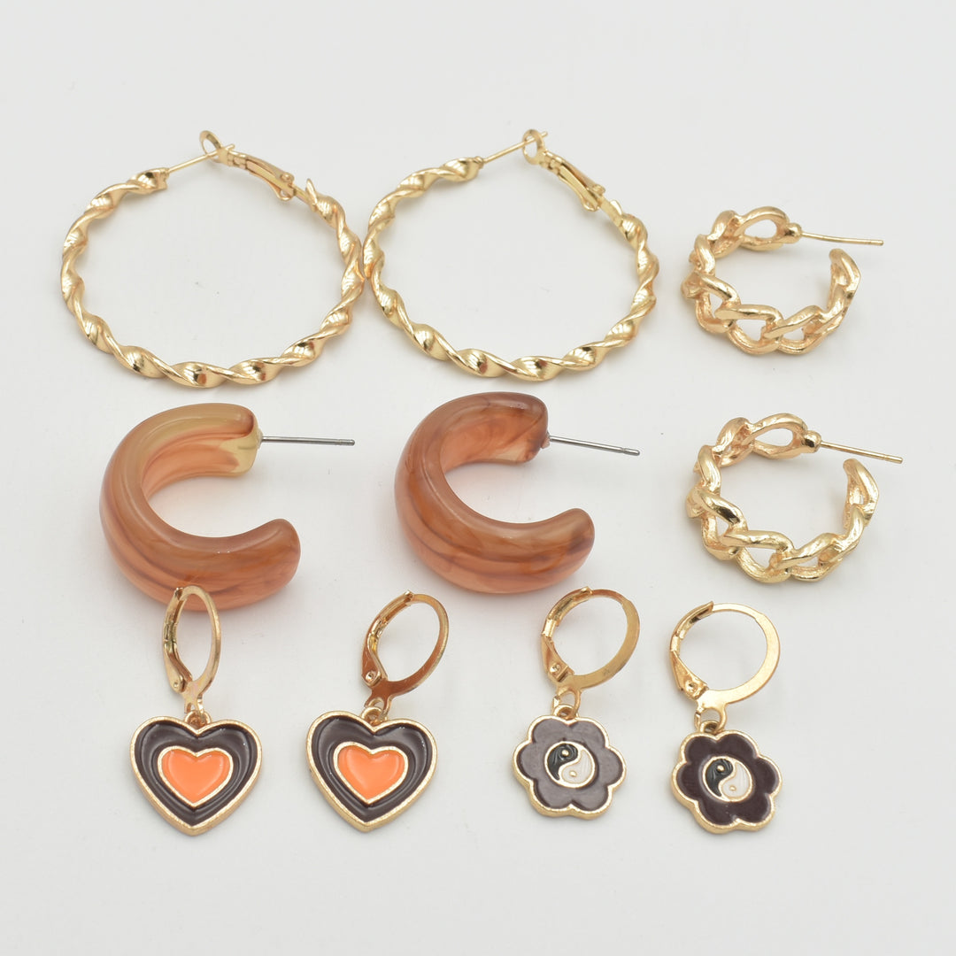 Gold Brown Heart 5-Pack Earrings