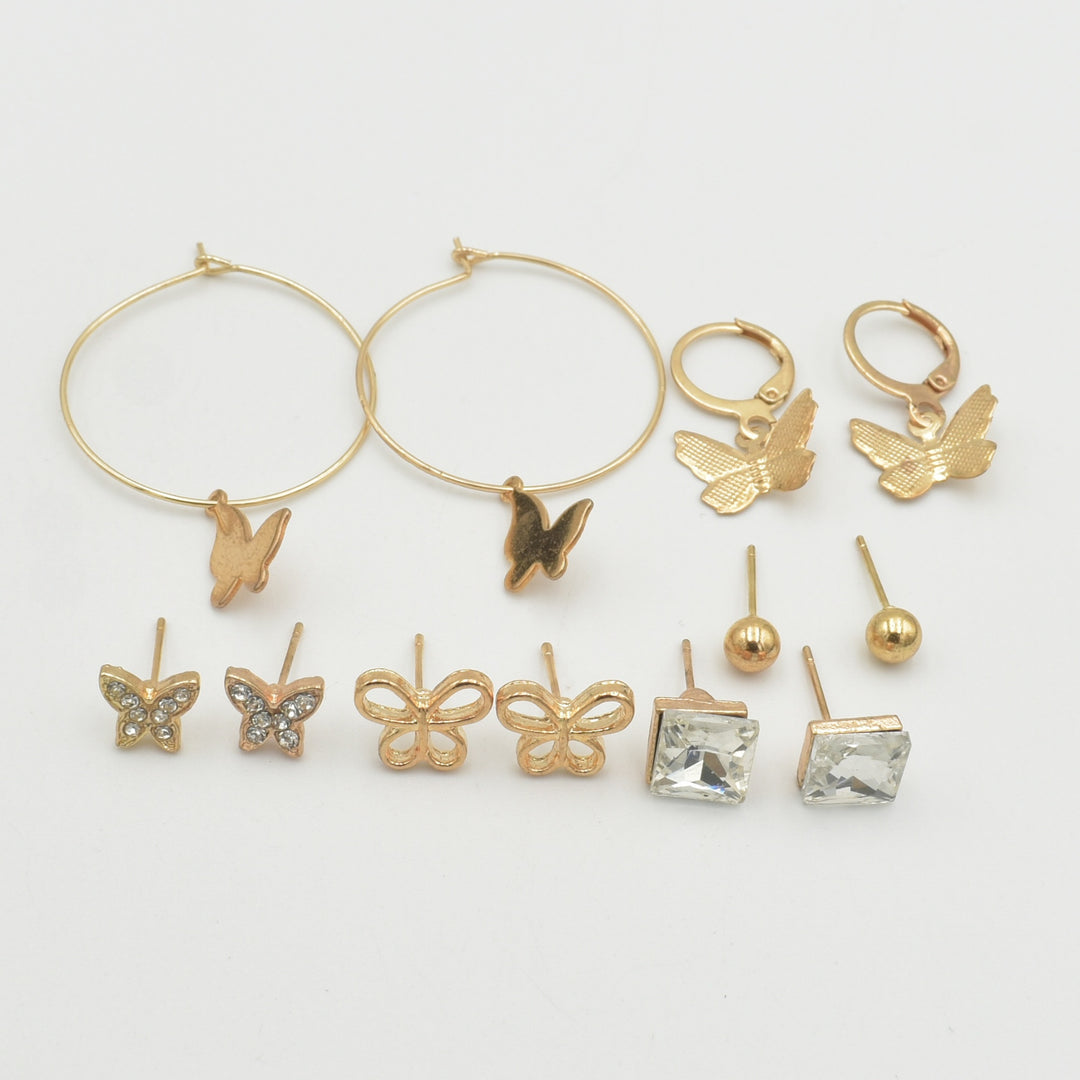 Gold Butterfly Diamante 6-Pack Earrings