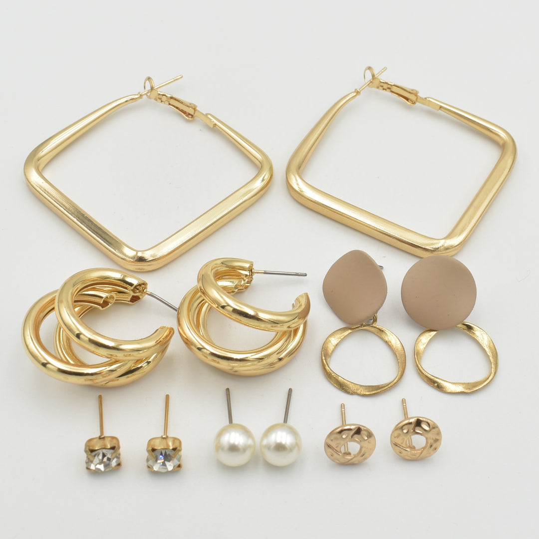 Gold Square Hoop Pearl 6-Pack Earrings