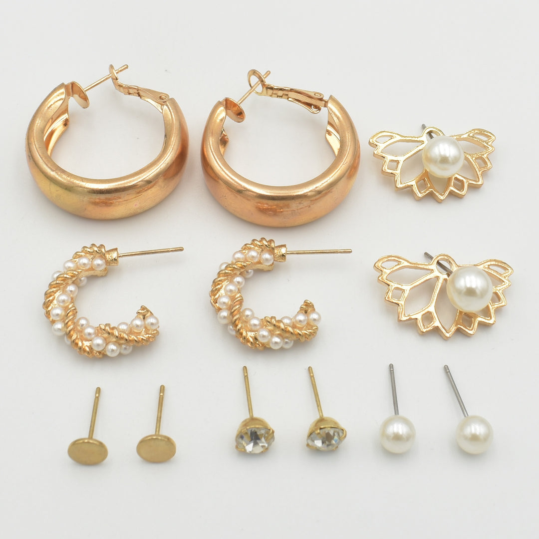 Gold InterFlower Pearl 5-Pack Earrings