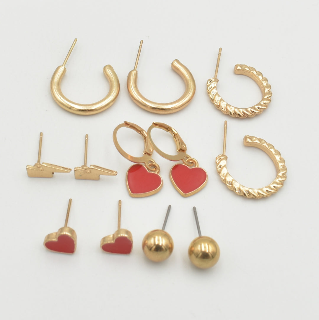 Gold Red Heart Thunder 6-Pack Earrings