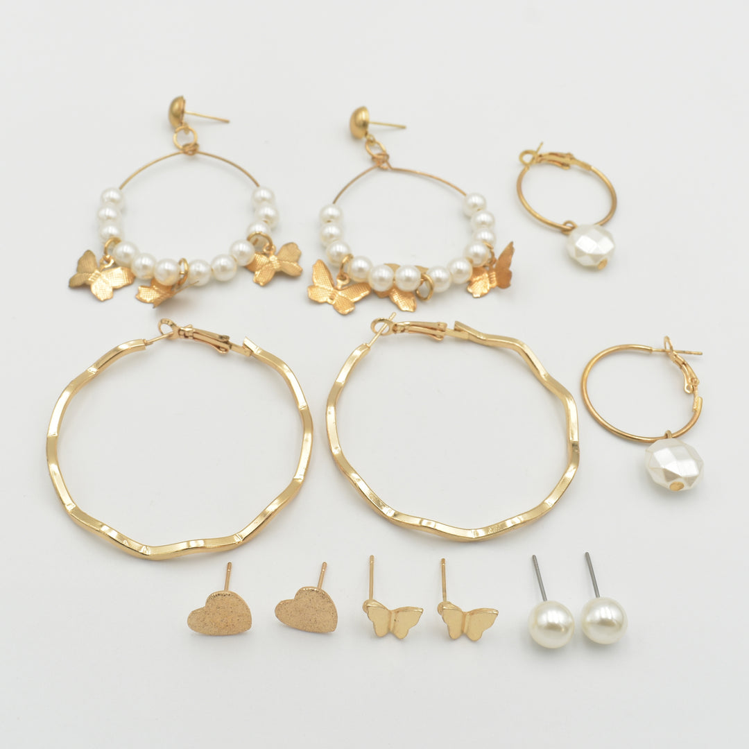 Gold Butterfly Pearl Drop 6-Pack Earrings
