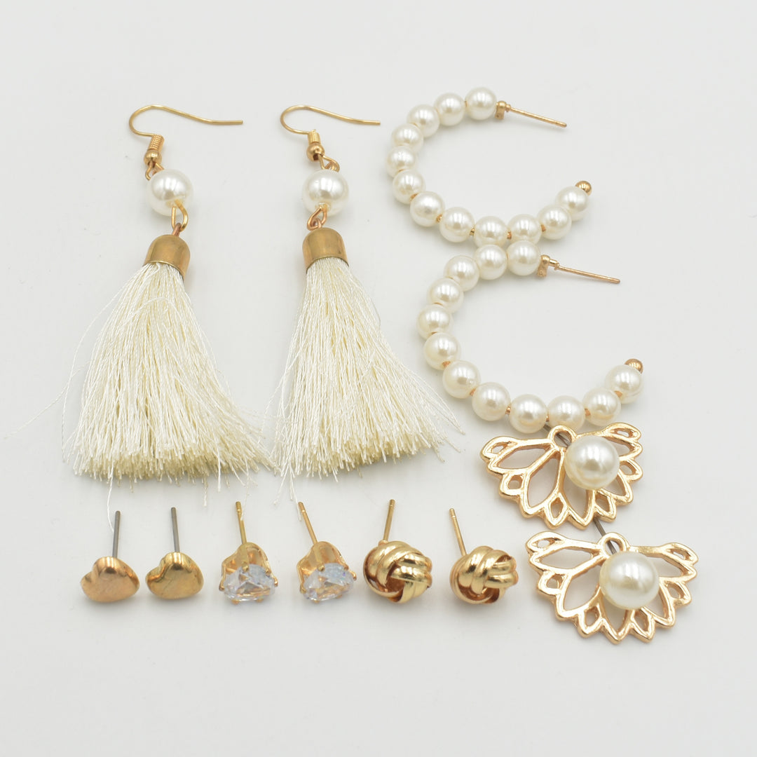 Gold White Fluffy Drop 6-Pack Earrings