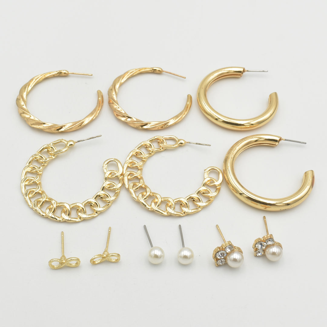 Gold Curb Hoop Designed 6-Pack Earrings