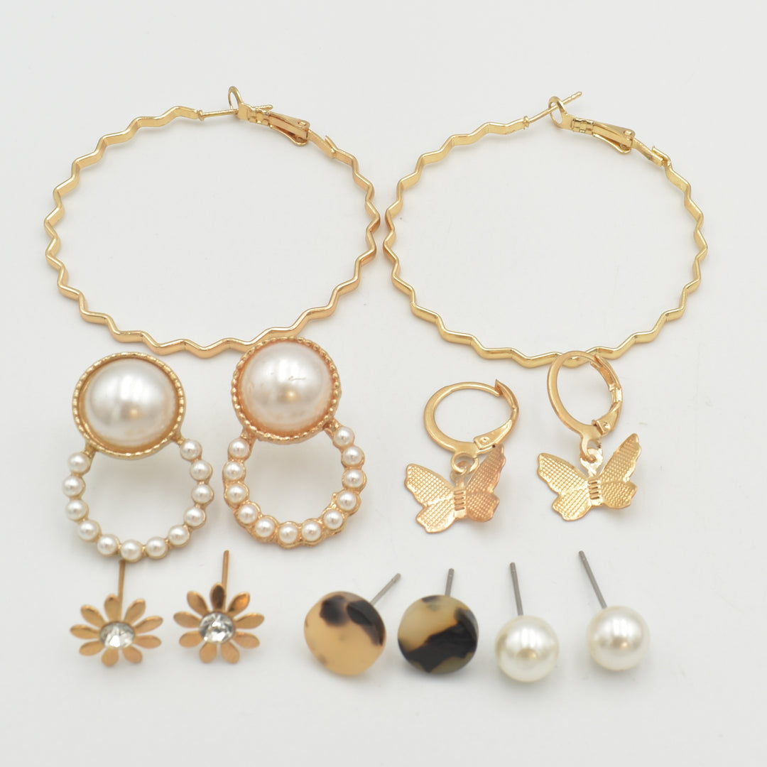 Gold Flower Pearl 6-Pack Earrings
