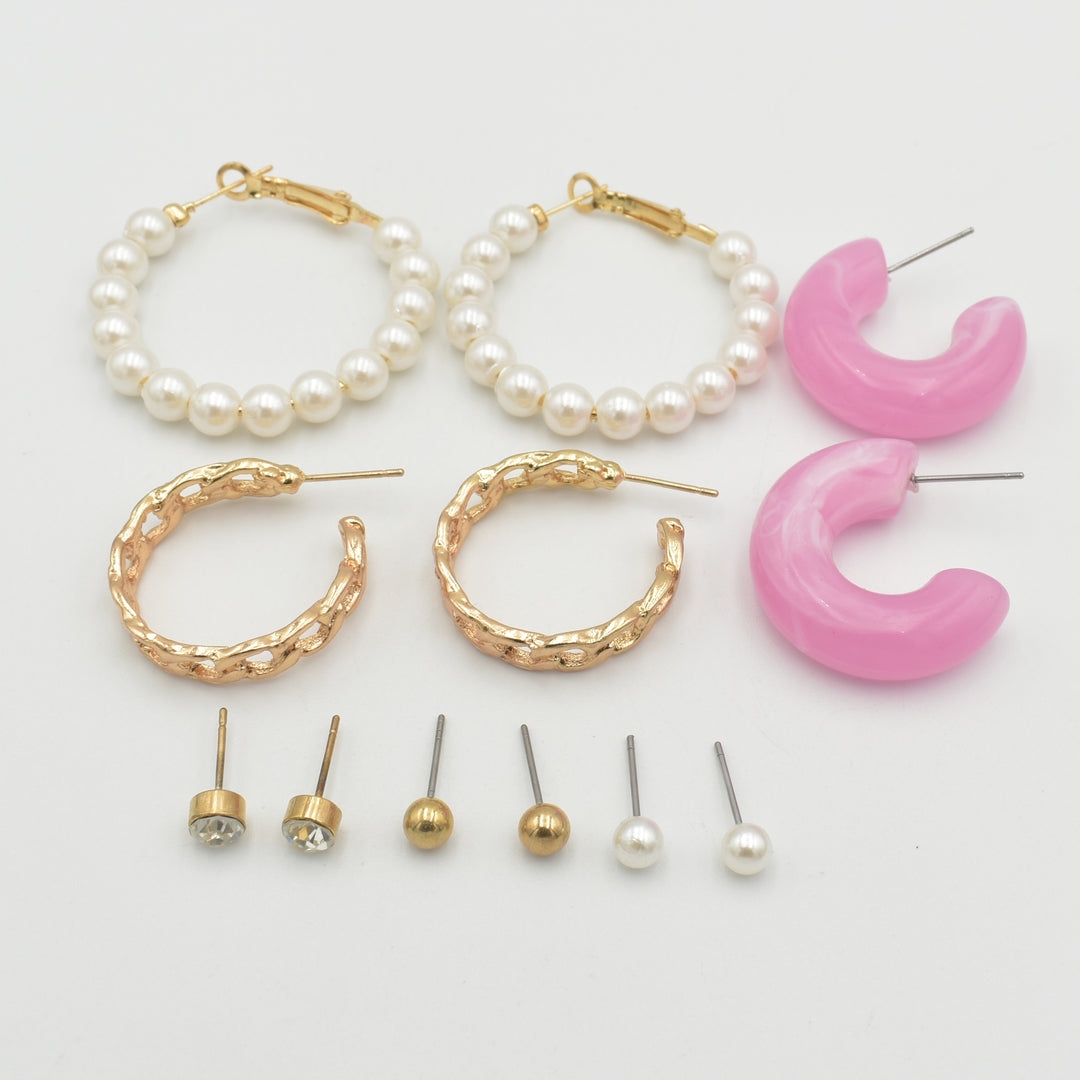 Pink Acrylic Plain Stud 6-Pack Earrings