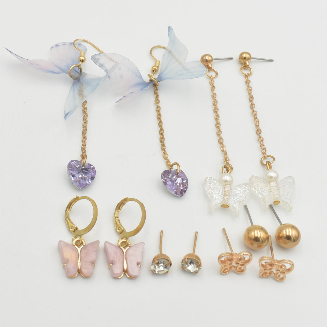Gold Blue Heart Butterfly 6-Pack Earrings