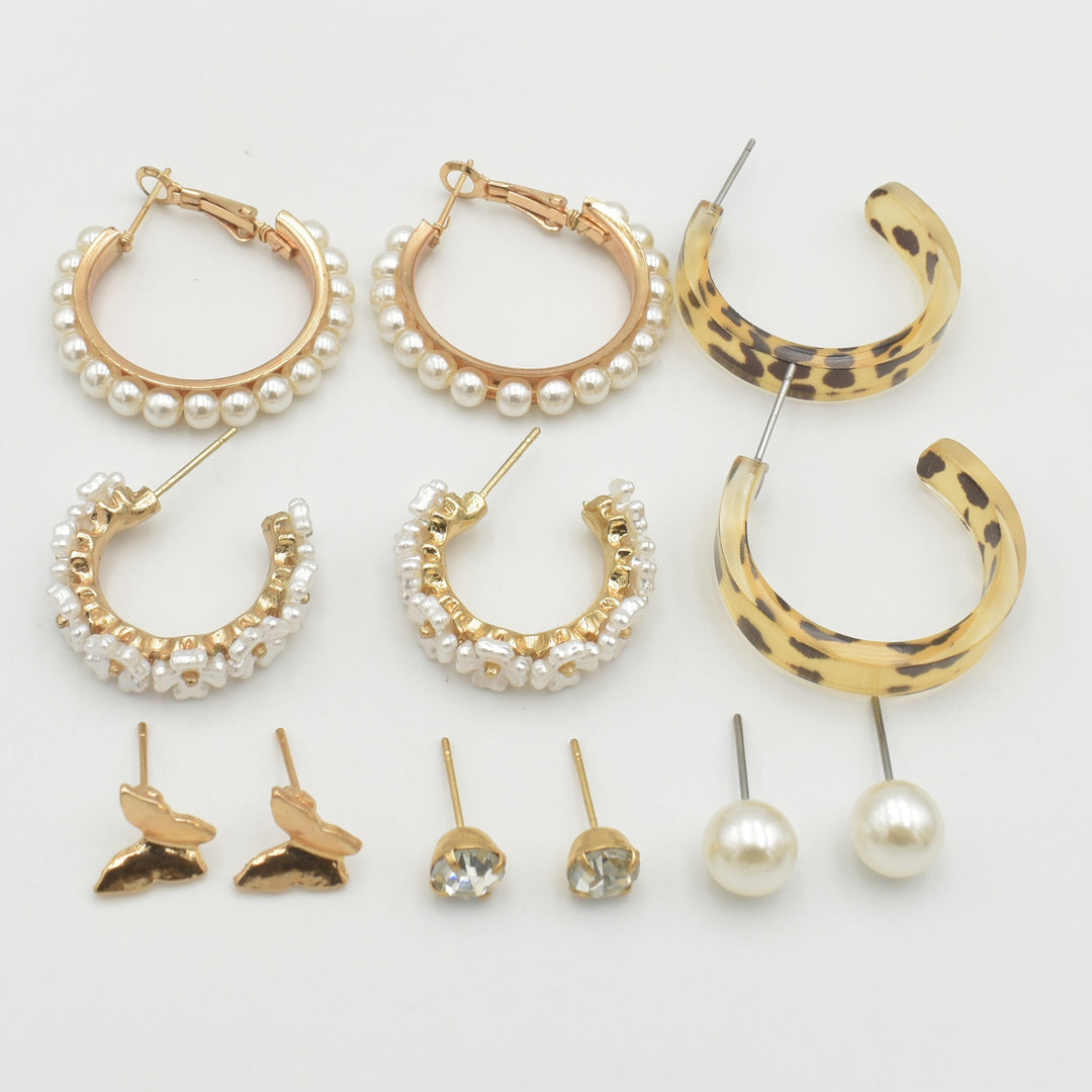 Gold Leopard Print Diamante 6-Pack Earrings