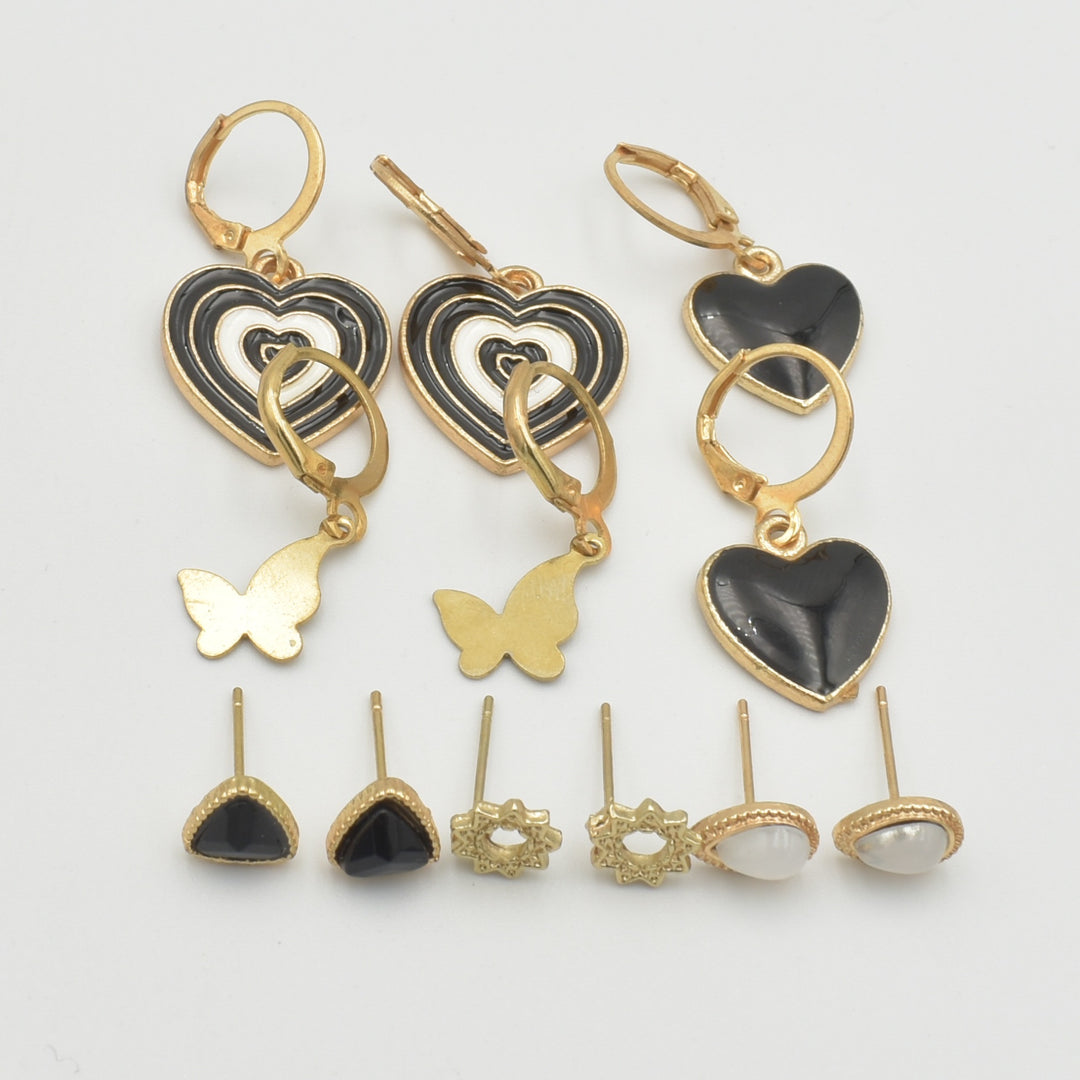 Gold Black and White Heart 6-Pack Earrings