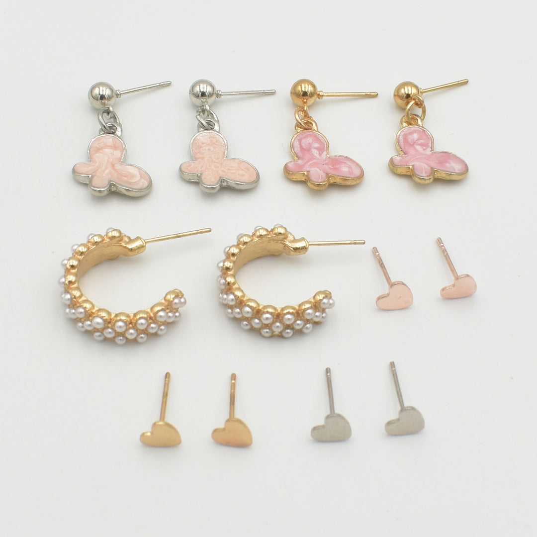 Two Toned Cute Pink Coated 6-Pack Earrings