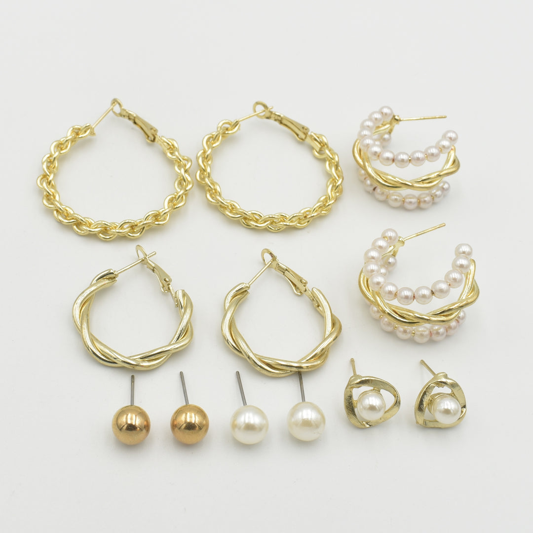 Gold Statement Pearl Designed 6-Pack Earrings
