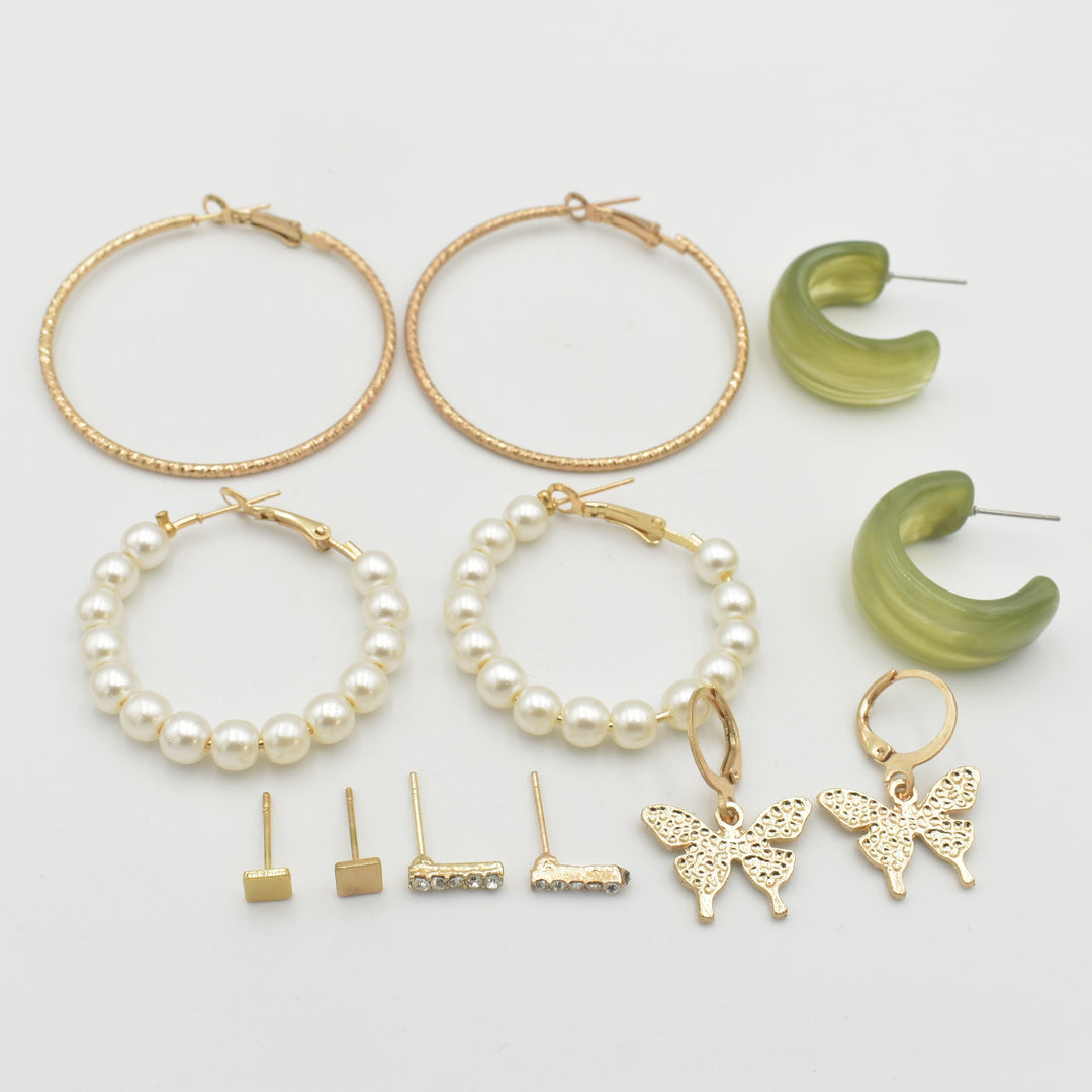 Gold Pearl Green Acrylic 6-Pack Earrings