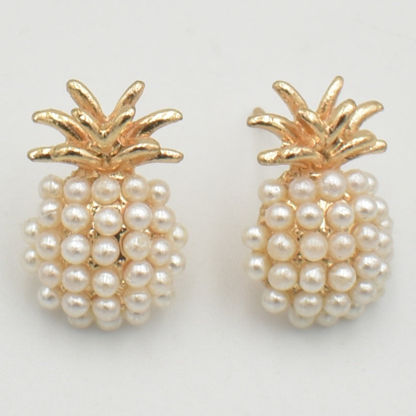 Gold Pineapple Pearl Stud Earrings