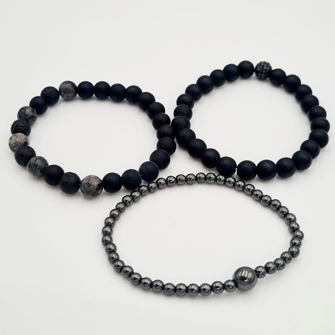 Black Charcoal Beaded 3-Pack Bracelets